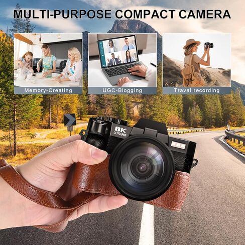 8K&64MP Digital Camera for Photography & Video, 16X Zoom, WiFi, 180° Flip Screen, Autofocus, Anti-Shake, Wide-Angle & Macro Lens, Webcam Mode, PU Leather Case, 32GB Card & 2 Batteries (Black) in Kuwait