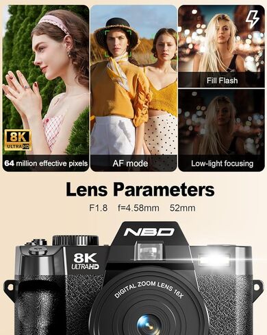 NBD 8K 64MP Digital Cameras for Photography with Dual-Lens,180°Flip Screen—Point and Shoot Digital Cameras with 16X Zoom,Autofocus WiFi Vlogging Camera for Beginners, 2 Batteries,64GB Card (Black) in Kuwait