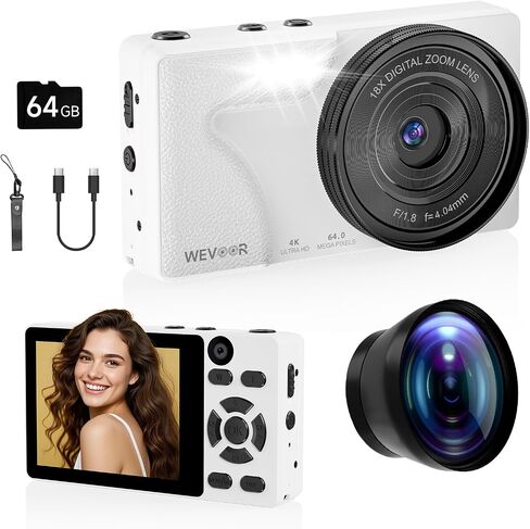 4K Digital Camera for Photography Autofocus,18X Zoom, 64MP Portable Pocket Camera for Vlogging Travel Video, Compact Point and Shoot Digital Camera for Beginners with 64GB Card in Kuwait