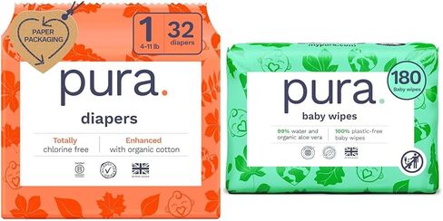 Pura Hypoallergenic Trial Pack Diapers Size 1 (4-11 lbs) + Natural Sensitive Baby Wipes Starter Bundle | Organic Cotton, Chlorine-Free, Fragrance-Free, EWG Verified, for Sensitive & Eczema-Prone Skin in Kuwait