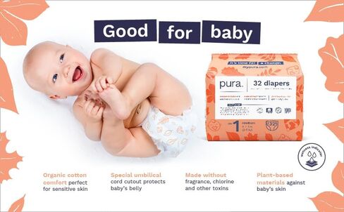 Pura Hypoallergenic Trial Pack Diapers Size 1 (4-11 lbs) + Natural Sensitive Baby Wipes Starter Bundle | Organic Cotton, Chlorine-Free, Fragrance-Free, EWG Verified, for Sensitive & Eczema-Prone Skin in Kuwait
