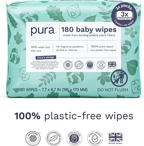Pura Hypoallergenic Trial Pack Diapers Size 1 (4-11 lbs) + Natural Sensitive Baby Wipes Starter Bundle | Organic Cotton, Chlorine-Free, Fragrance-Free, EWG Verified, for Sensitive & Eczema-Prone Skin in Kuwait