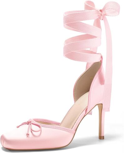 Coutgo Womens Ballet High Heels Satin Square Toe Bow Pumps Prom Dress Shoes | Closed Toe Ballerina Heels, Sexy 3.7-In Stiletto, Lace Up, Strappy, Party, Night Club in Kuwait
