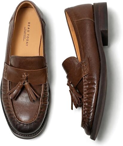 BEAU TODAY Women's Genuine Leather Tassel Loafers, Slip On Dress Shoes | Leather tassel loafers with soft leather lining, moc toe stitching, and a low heel for office commuting and daily wear. in Kuwait