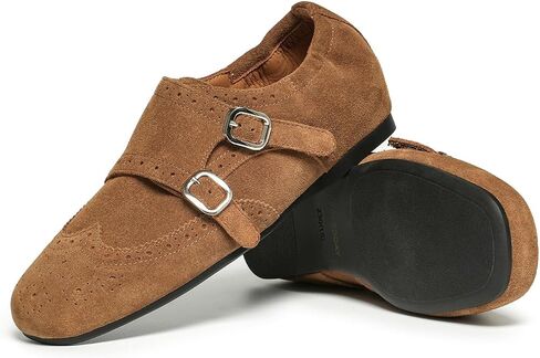 BEAU TODAY Double Monk Strap Loafers, Women's Suede Loafers, Brogue Square Toe Sheepskin Lining Comfortable Business Casual Loafer Flats in Kuwait