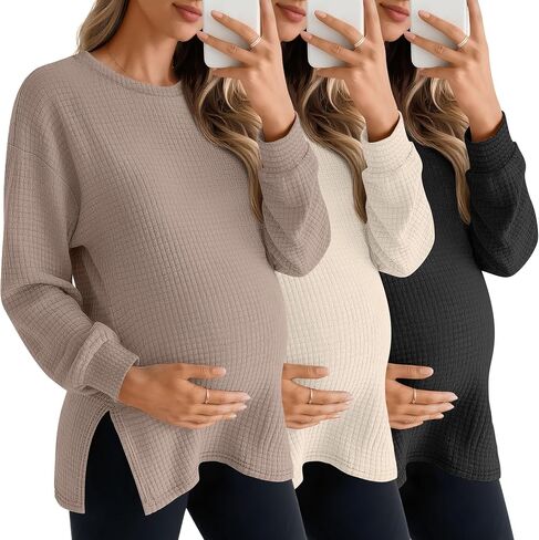 3 Pack Women's Maternity Shirts Long Sleeve Waffle Knit Side Split Oversized Tops Fall Tees Pregnancy Clothes in Kuwait