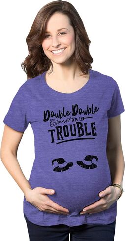 Halloween Maternity Double Double were in Trouble Twins Cute Tees | Funny Graphic Pregnancy Tee, Halloween Maternity Wear, Cool Short Sleeve, Ruched, stretchy, soft, Maternity Shirts in Kuwait