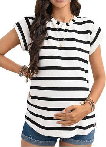 OYOANGLE Women's Maternity Shirts Striped Cap Sleeve T Shirts Pregnancy Summer Tunic Tops in Kuwait