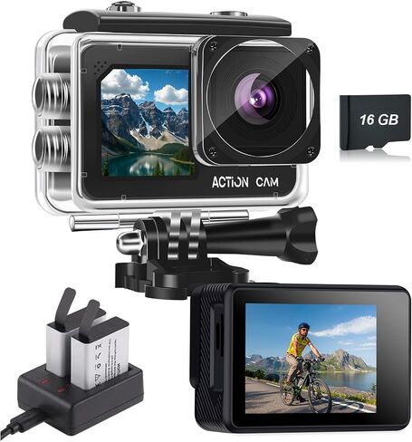 Dual Screen Action Camera, 1080P 16MP Waterproof Camera, Black | 40M Underwater Camera, with 2x1050mAh Batteries, 16GB Card & Full Accessories for Helmet, Bicycle,etc. in Kuwait
