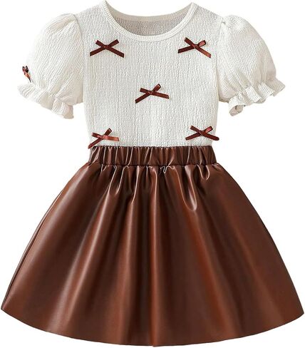 WDIRARA Toddler Girl's 2 Piece Outfits Bow Puff Sleeve T Shirt Pu Leather Flared Skirt Set Cute Outfits in Kuwait