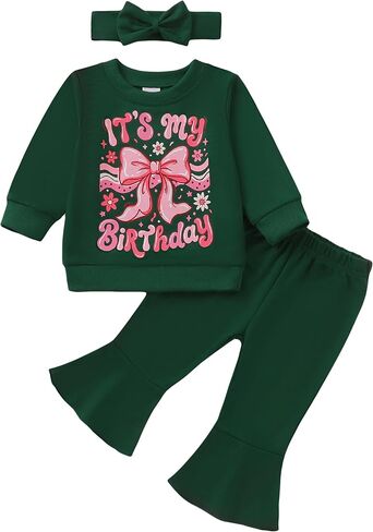 GEMLON 1st Birthday Girl Outfit Graphic Sweatshirt Flare Pants 6-18 Months | Letter Graphic Crewneck Baby Girl Clothes, Soft Material, 3PCS Outfits for Birthday,Casual,Photoshoot,Fall and Winter in Saudi Arabia