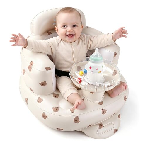 BEBOAN Inflatable Baby Seat with Bell & Clear Tray for 3-36 Months, Portable Upseat Baby Chair with Safety Strap for Sitting Up, Foldable Blow Up Infant Seat, Built-in Air Pump, Beige Bear in Kuwait