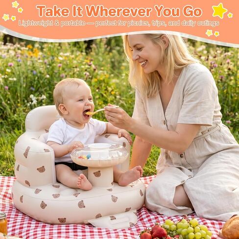 BEBOAN Inflatable Baby Seat with Bell & Clear Tray for 3-36 Months, Portable Upseat Baby Chair with Safety Strap for Sitting Up, Foldable Blow Up Infant Seat, Built-in Air Pump, Beige Bear in Kuwait