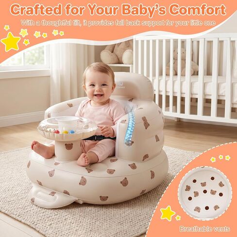 BEBOAN Inflatable Baby Seat with Bell & Clear Tray for 3-36 Months, Portable Upseat Baby Chair with Safety Strap for Sitting Up, Foldable Blow Up Infant Seat, Built-in Air Pump, Beige Bear in Kuwait