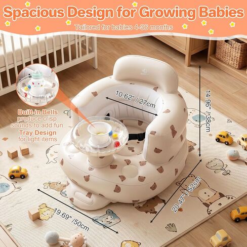 BEBOAN Inflatable Baby Seat with Bell & Clear Tray for 3-36 Months, Portable Upseat Baby Chair with Safety Strap for Sitting Up, Foldable Blow Up Infant Seat, Built-in Air Pump, Beige Bear in Kuwait