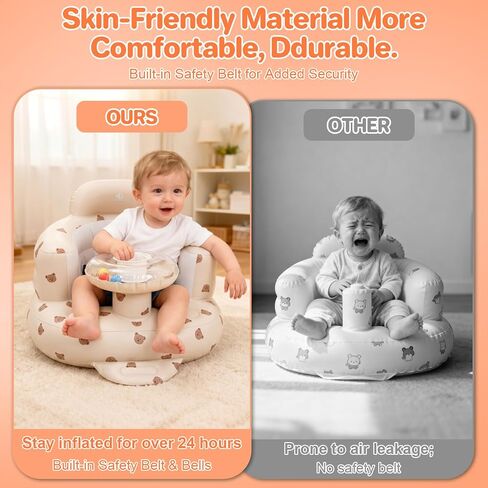 BEBOAN Inflatable Baby Seat with Bell & Clear Tray for 3-36 Months, Portable Upseat Baby Chair with Safety Strap for Sitting Up, Foldable Blow Up Infant Seat, Built-in Air Pump, Beige Bear in Kuwait