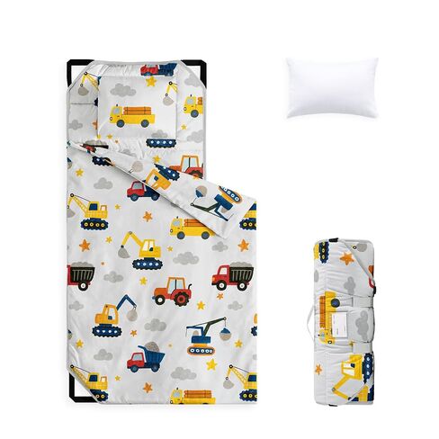 Wake In Cloud - Cot Nap Mat with Pillow and Blanket, for Toddler Kids Boys in Daycare Kindergarten Preschool Pre K with Elastic Corner Straps, Cartoon Construction Car, Light Gray in Saudi Arabia