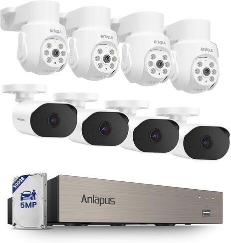 Anlapus 5MP Wired Security Camera System with Audio Recording, Includes 4pcs Outdoor Indoor Cameras + 4 Pack Pan Tilt Cameras with Night Vision, 8CH DVR with 500GB HDD for 24/7 Surveillance. in Kuwait