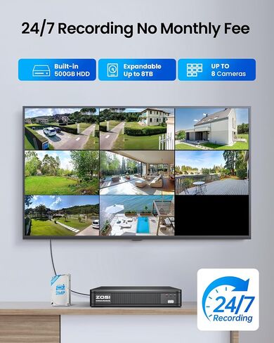 ZOSI 5MP Lite 3K Wired Security Camera System with AI Human Vehicle Detection, 8CH H.265+ CCTV DVR, 8 x 1080P Weatherproof Home Security Camera Outdoor Indoor, IR Night Vision, Motion Alert, 500GB HDD in Kuwait