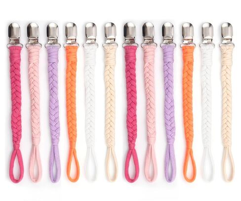 Pacifier Clip 12 Pack – Handmade Braided Cotton Paci Holder for Baby Boys and Baby Girls,Soft & Safe Binky Leash,12 Vibrant Colors Binky Clips Fit for All Pacifiers | Soft Universal Binky Holder Leash for Baby Boys Girls，12 Vibrant Colors Safe Clip Baby S in Kuwait