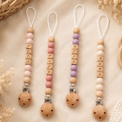 Personalized Baby Pacifier Clip with Name - Custom Wooden Letter & Silicone Beads Chain Holder for Boys Girls Newborn Gift in Kuwait