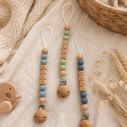 Personalized Baby Pacifier Clip with Name - Custom Wooden Letter & Silicone Beads Chain Holder for Boys Girls Newborn Gift in Kuwait