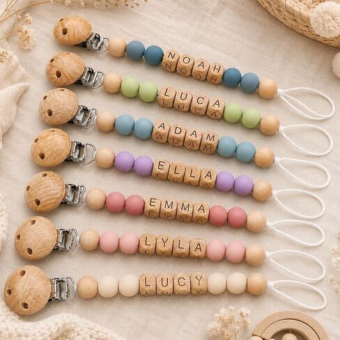 Personalized Baby Pacifier Clip with Name - Custom Wooden Letter & Silicone Beads Chain Holder for Boys Girls Newborn Gift in Kuwait
