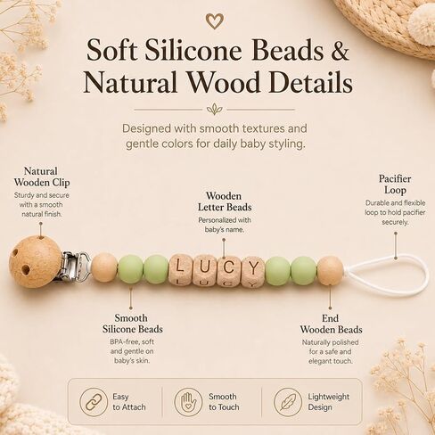 Personalized Baby Pacifier Clip with Name - Custom Wooden Letter & Silicone Beads Chain Holder for Boys Girls Newborn Gift in Kuwait