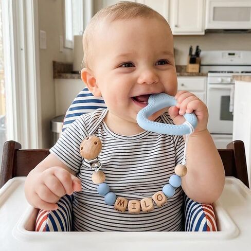 Personalized Baby Pacifier Clip with Name - Custom Wooden Letter & Silicone Beads Chain Holder for Boys Girls Newborn Gift in Kuwait