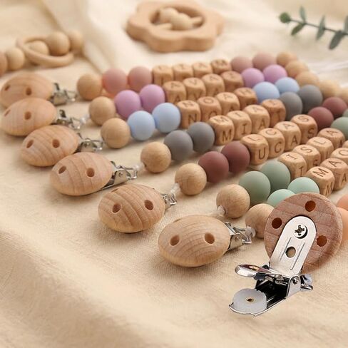 Personalized Baby Pacifier Clip with Name - Custom Wooden Letter & Silicone Beads Chain Holder for Boys Girls Newborn Gift in Kuwait