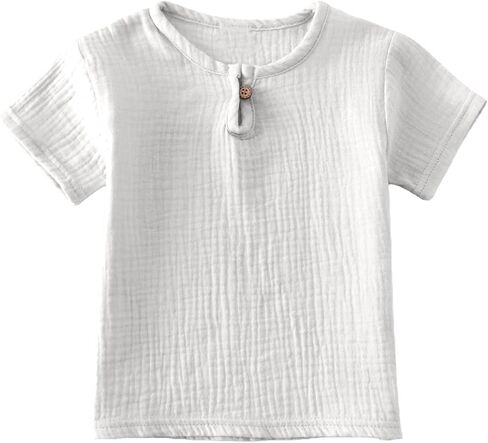 Boys Henley T-Shirt Short Sleeve Button Shirts Cotton Linen Summer Vacation Casual Tops Solid Color Layering Cozy Tees in Kuwait