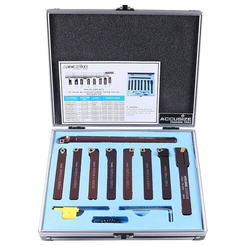 Accusize Industrial Tools 7-Ps Indexable Carbide Turning Tool Set, 1/2" Shank, C6 Grade TiN Coated Inserts, in Fitted Aluminum Case, 2387-2004 | 1/2" Shank 7pc Indexable Carbide Turning Tool Set with TiN-Coated Inserts for Cutting Steel in Saudi Arabia