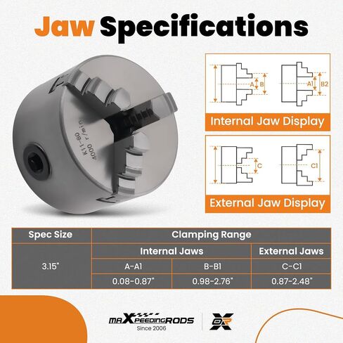 maXpeedingrods K11-80 3-Jaw Lathe Chuck 3" 80mm 16mm Bore 4000RPM Cast Iron w/Outside & Inside Jaws Key Screws Replaces K1180 in Kuwait