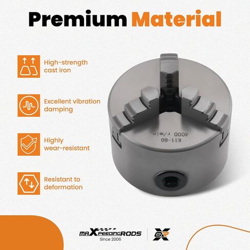 maXpeedingrods K11-80 3-Jaw Lathe Chuck 3" 80mm 16mm Bore 4000RPM Cast Iron w/Outside & Inside Jaws Key Screws Replaces K1180 in Kuwait