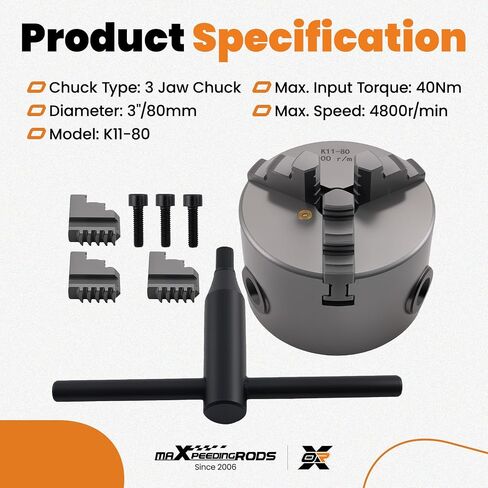 maXpeedingrods K11-80 3-Jaw Lathe Chuck 3" 80mm 16mm Bore 4000RPM Cast Iron w/Outside & Inside Jaws Key Screws Replaces K1180 in Kuwait