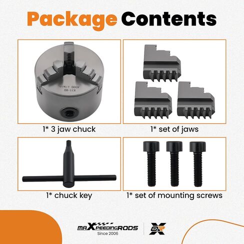 maXpeedingrods K11-80 3-Jaw Lathe Chuck 3" 80mm 16mm Bore 4000RPM Cast Iron w/Outside & Inside Jaws Key Screws Replaces K1180 in Kuwait