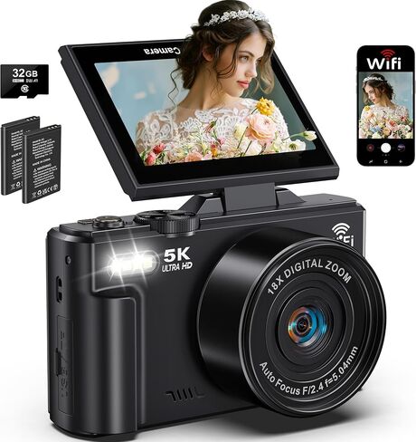 5K Digital Camera for Photography, 75MP WiFi Vlogging Camera for YouTube with 3" 180° Flip Screen, 18X Zoom UHD Autofocus Video Camara with 32GB SD Card in Kuwait