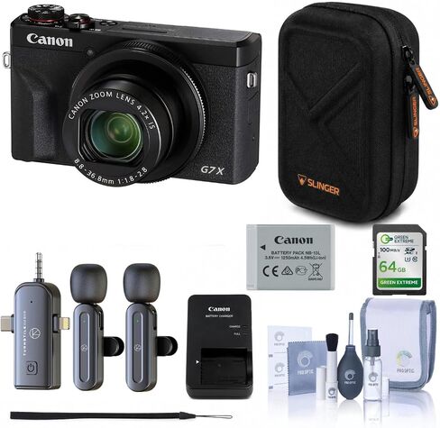 Canon PowerShot G7 X Mark III Digital Camera Bundle with 64GB SD Card, Wireless Lavalier Microphone System, Hardshell Camera Case, Card Reader & Cleaning Kit (Black) in Kuwait