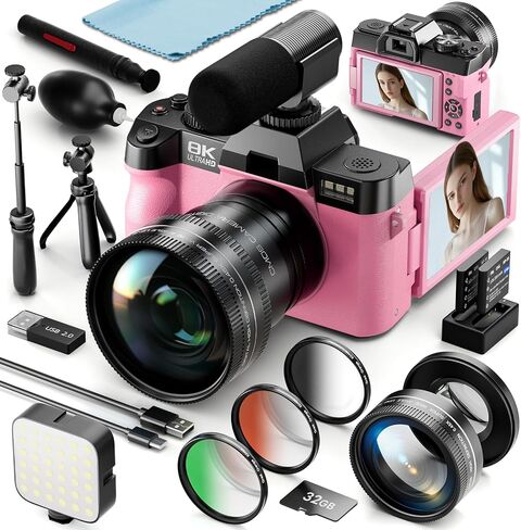 8K Digital Cameras for Photography, 64MP Vlogging Camera with 180°Flip Screen，2 Batteries, 32GB TF Card，16X Zoom, WiFi, 3 Color Filters,Microphone, Tripod, Wide & Macro Lens Kit (Black) in Kuwait