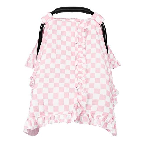 Muslin Car Seat Cover Baby Girls, Infant Carseat Cover for Summer Use, Breathable Newborn Car Seat Canopy, Pink Checkered in Kuwait