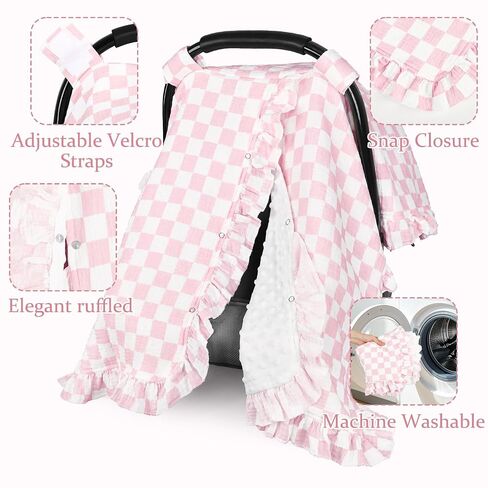 Muslin Car Seat Cover Baby Girls, Infant Carseat Cover for Summer Use, Breathable Newborn Car Seat Canopy, Pink Checkered in Kuwait