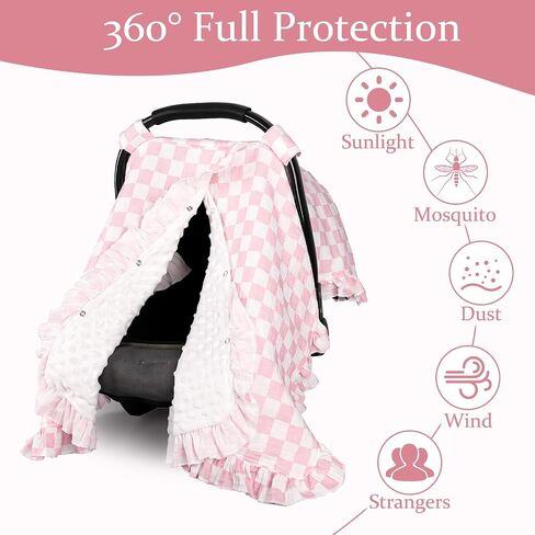 Muslin Car Seat Cover Baby Girls, Infant Carseat Cover for Summer Use, Breathable Newborn Car Seat Canopy, Pink Checkered in Kuwait