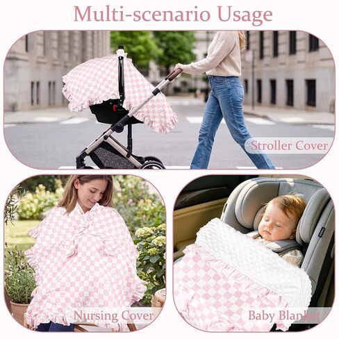 Muslin Car Seat Cover Baby Girls, Infant Carseat Cover for Summer Use, Breathable Newborn Car Seat Canopy, Pink Checkered in Kuwait
