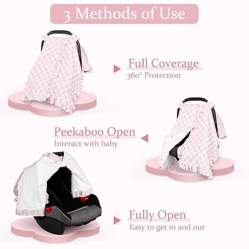 Muslin Car Seat Cover Baby Girls, Infant Carseat Cover for Summer Use, Breathable Newborn Car Seat Canopy, Pink Checkered in Kuwait