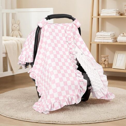 Muslin Car Seat Cover Baby Girls, Infant Carseat Cover for Summer Use, Breathable Newborn Car Seat Canopy, Pink Checkered in Kuwait