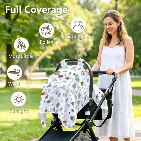 Car Seat Cover Baby Boy Girl Summer Carseat Sunshade Canopy Covers Forest | Breathable Muslin Cotton Baby Car Seat Cover Canopy, New Mom Gifts for Newborn Essential Gift Set in Kuwait