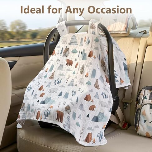 Car Seat Cover Baby Boy Girl Summer Carseat Sunshade Canopy Covers Forest | Breathable Muslin Cotton Baby Car Seat Cover Canopy, New Mom Gifts for Newborn Essential Gift Set in Kuwait