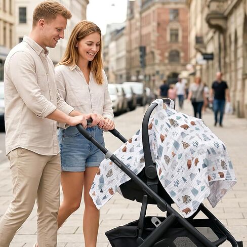 Car Seat Cover Baby Boy Girl Summer Carseat Sunshade Canopy Covers Forest | Breathable Muslin Cotton Baby Car Seat Cover Canopy, New Mom Gifts for Newborn Essential Gift Set in Kuwait