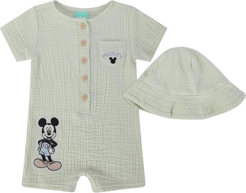 Magic Threadz Disney Clothes Baby Boys Woven Gauze Romper with Hat, Mickey & Winnie the Pooh, Newborn Infant Outfit (0-9M) in Kuwait