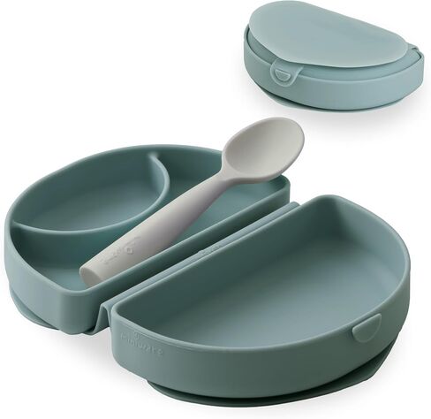 Miniware Fold & Scoop Baby Feeding Set - Silicone Travel Baby Plate With Suction & Baby Spoon - Compact, Portable, Dishwasher-Safe, Suction Base for Mess-Free Eating (Aquamarine and Aqua) in Kuwait